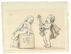 Vinheta com menino tocando bandolim para uma menina de Lorenz Frølich