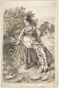 Mulher e criança junto a um lago de patos de Lorenz Frølich