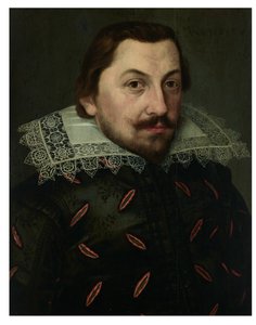 Retrato de um homem, à altura do busto, com um gibão preto de seda cortada com uma gola de pé de renda Puntonari