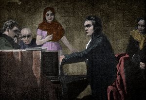 Ludwig van Beethoven toca a sonata Moonlight - gravura após Lorenz Vogel - Ludwig van Beethoven (1770-1827), músico alemão, tocando a sonata em UT menor (Moonlight - Moonlight) após a pintura de Lorenz Vogel (1846-1902) de Lorenz Vogel