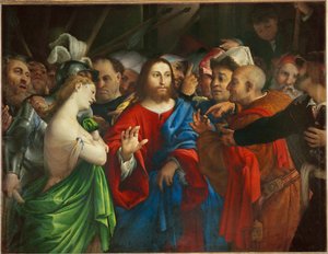Le Christ et la femme adultere - Cristo e a mulher adúltera ... de Lorenzo (workshop of) Lotto