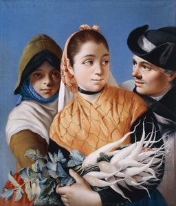 Uma garota de xale laranja segurando nabos, uma garota de gorro e vestido verde e um cavalheiro de chapéu preto Tricorn,