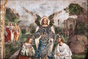 Vida de Santa Cecile: Valeriana e Cecília coroadas por um anjo, detalhe (fresco