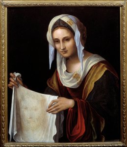 Santa Verónica. O Santo Véu representa o rosto de Cristo, cujo suor Verónica foi dito ter suado durante a subida ao Calvário. Pintura de Lorenzo Costa (1460-1535) Sol. 0,64x0,54 m