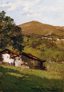 Casas agrícolas entre as hortas (Pré-Alpes de Biella), de Lorenzo Delleani (1840-1908), óleo sobre painel, 44,9x30,7 cm