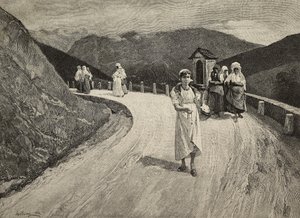 No Caminho Sagrado, peregrina a pé pelo caminho, Brera, United Expositions, Milão, Itália, gravura de Fantagalli de pintura de Lorenzo Delleani (1840-1908) de L