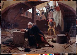 O explorador e navegador Cristóvão Colombo (Cristóvão Colombo, Cristoforo Colombo, Cristobal Colon) (1451-1506) de regresso da sua terceira viagem está acorrentado no porão de carga