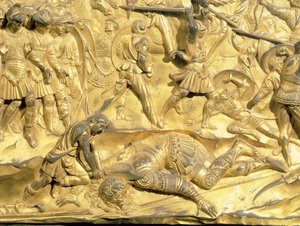 Davi e Golias, detalhe do painel original das portas do leste do batistério, 1425-52 (bronze dourado) (pós-restauração) de Lorenzo Ghiberti