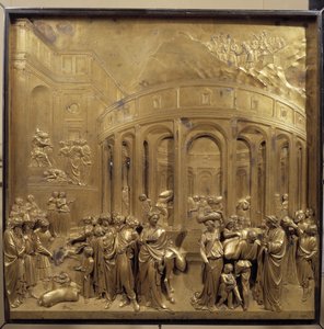 História da vida de José. Colheita do trigo: os agricultores trazem os sacos de cereais. Painel original da porta do Paraíso de Lorenzo Ghiberti