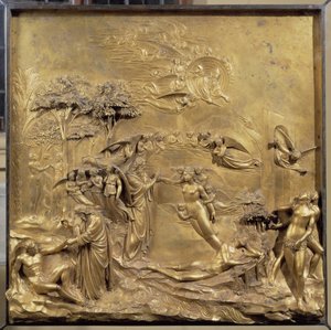 História da vida de Adão: o nascimento de Adão, a criação de Eva e Adão e Eva caçam do Paraíso. Painel original da porta do Paraíso de Lorenzo Ghiberti