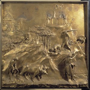 Vida de Caim e Abel: o sacrifício, o assassinato de Abel e Deus banindo Caim. Painel original da porta do Paraíso de Lorenzo Ghiberti