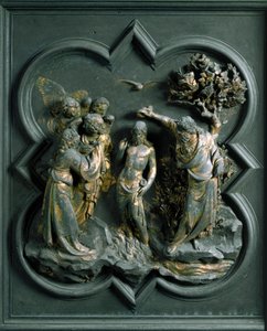 Porta Norte (chamada Porta da Cruz, no Norte), detalhe exterior: "o batismo de Cristo" escultura de bronze feita por Lorenzo Ghiberti (1378-1455) de Lorenzo Ghiberti