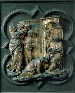 Porta Norte (chamada Porta da Cruz, para o Norte), detalhe exterior: Adoração dos Magos. Escultura em bronze feita por Lorenzo Ghiberti (1378-1455) de Lorenzo Ghiberti
