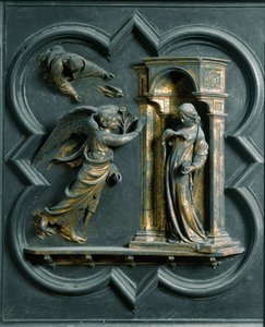 Porta Norte (chamada Porta da Cruz, para o Norte), detalhe exterior: a Anunciação. Escultura em bronze feita por Lorenzo Ghiberti (1378-1455) de Lorenzo Ghiberti