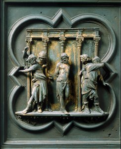 Porte Norte (chamada Porte de la Croix, no Norte), detalhe exterior: "la flagellation" escultura de bronze feita por Lorenzo Ghiberti (1378-1455) de Lorenzo Ghiberti