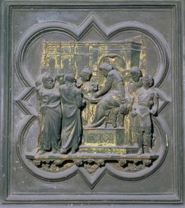 Pôncio Pilatos Lavando as mãos diante de Cristo, décimo sexto painel das Portas do Norte do Batistério de San Giovanni, 1403-24 (bronze)
