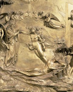 A História de Adão, detalhe da Criação de Eva, de um dos painéis originais das Portas Orientais do Batistério, 1425-52 restauro pós bronze