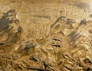 A História de David e Golias, detalhe de fundo do painel original das Portas Orientais do Baptistério de Lorenzo Ghiberti