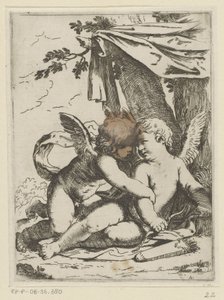 Dois putti debaixo de uma lona de tenda de Lorenzo Loli