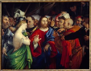 Cristo e mulher adúltera. Pintura de Lorenzo Lotto (1480-1556)