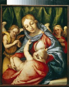 A Virgem mamando. (Madona Del Latte). Pintura de Lorenzo Lotto (1480-1556), óleo sobre tela, cerca de 1520. Arte italiana (Veneza) de Lorenzo Lotto