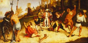 Martírio de Santo Estêvão, divisão de Martinengo Altarpiece de Lorenzo Lotto (1480 circa- 1556), óleo sobre painel, 51x97 cm, circa 1516 de Lorenzo Lotto
