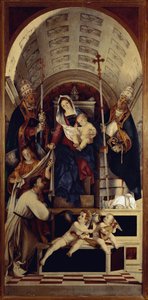 A Virgem e o Menino com Santa Domingas, São Gregório e São Urbano - Parte central do Políptico Recanati (1508, óleo sobre madeira) de Lorenzo Lotto