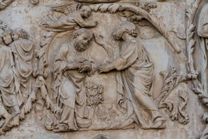 Gideão velo torcido, detalhe de Jessé e profecias messiânicas, Histórias do Gênesis, baixos-relevos de Lorenzo Maitani (antes de 1275-1330), segundo pilar, fachada da catedral de Orvieto, Úmbria, Itália