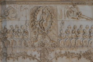 Cenas do Juízo Final, Histórias do Apocalipse, baixos-relevos de Lorenzo Maitani (antes de 1275-1330) e assistentes, quarto pilar, fachada da catedral de Orvieto, Úmbria, Itália