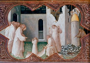 Altarpe da coroação da Virgem: "São Bento de Nursie ressuscitando um monge" Detrempe sobre madeira por Piero di Giovanni dit Lorenzo Monaco (1370-1424) 1413 Florença, Galeria Uffizi de Lorenzo Monaco