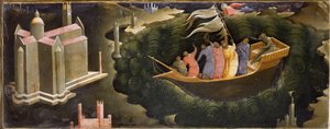 Representação de São Nicolau de Myra (ou Nicolau de Bari), que acalma o Tempete Nicolau de Myra, resgatando um barco do afundamento. Pintura em madeira por Lorenzo Monaco (ca. 1370-ca. 1423/1424) Florence, Galleria del 