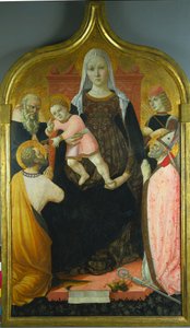Virgin and Child, com os santos Anthony Abbott, Mark, Severino e Sebastian, c. 1490-96 de Lorenzo dAlessandro da Severino II