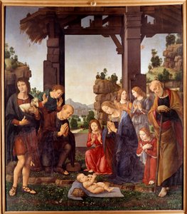 Adoração dos Pastores Pintura de Lorenzo di Credi (1458-1537) Sol do século XV. 2,24x1,96 m Florença, galeria degli Uffizi (Escritórios)