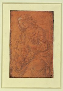 Madonna. Bico de prata, realçado a branco sobre papel rosa-salmão ... de Lorenzo di Credi