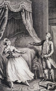 Casal em frente à cama do quarto - em "Les francaises ou 34 exemplos escolhidos nos costumes atuais aptos para conduzir filhas, mulheres, esposas, mães" por Restif de La Bretonne (1734-1806), doente. por Binet, Neufchatel