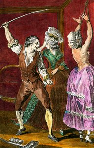 Erotismo: membros da nobreza que se entregam aos prazeres sadomasoquistas, um homem chicoteia uma mulher apegada. Gravura de Leroy depois de um desenho de Louis Binet (1744-1800) para "O Camponês Pervertido" de Restif de la Bretonne (1734-1806) 1775