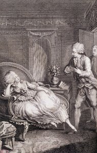 Gentilhomme declarando seu amor a uma senhora definhando sobre uma pastora - em "Les francaises ou 34 exemplos escolhidos nos costumes atuais adequados para conduzir filhas, esposas, mães" por Restif de La Bretonne (1734-1806), doente. por Binet, Neufchate