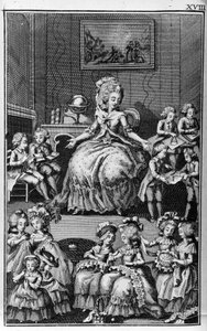 Ilustração de Louis Binet (1744-1800) para o livro de Nicolas Edme Restif de La Bretonne "Les Parisiennes", ou XL General Characters Taken in the Modern Moors, apto para servir uma l