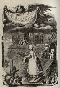 Ilustração para "La Paysanne pervertie ou les Dangers de la ville" de Restif de La Bretonne (1734-1806) escritor francês. Gravura de Binet do século XVIII.