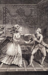 Le billet doux subtilisé (libertinage) - em "Les francaises ou 34 exemplos escolhidos nos costumes atuais próprios para conduzir filhas, mulheres, esposas, mães" por Restif de La Bretonne (1734-1806), doente. por Binet, Neufchatel