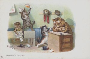 Gatos em uma sala de aula: o professor está cochilando e os alunos estão se comportando mal (cromolitho) de Louis (after) Wain
