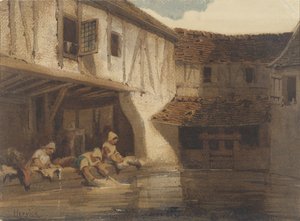 Lavagem de mulheres num salão aberto de um complexo habitacional à beira-mar de Louis Adolphe Hervier (signed by artist)