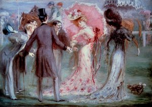 Boa hora: Homens a "pesar", examinando jovens mulheres com insistência nas corridas de cavalos. Pintura de Louis Anquetin (1861-1932), Coleção Particular do século XX de Louis Anquetin