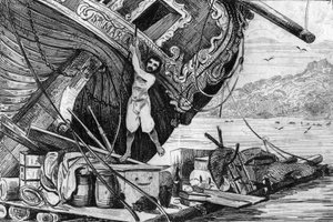 Eu desci na minha jangada e me coloquei no mar... gravando após o desenho de M. de Sainson para o Livro de Daniel Defoe (De foe) Robinson Crusoe" edição francesa de 1837.