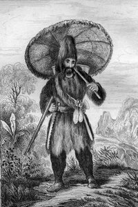 Eu estava usando um chapéu de altura... gravando depois do desenho de M. de Sainson para o Livro de Daniel Defoe (De foe) "Robinson Crusoe" edição francesa de 1837.