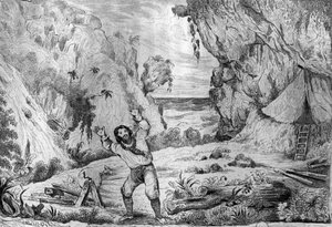 Três vezes o terreno tremeu sob os meus pés depois do desenho de M. de Sainson para o Livro de Daniel Defoe (De foe) "Robinson Crusoe" edição francesa de 1837.