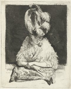 Retrato de uma jovem mulher com chapéu a olhar pela janela de Louis Bernard Coclers