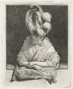 Retrato de uma jovem mulher com chapéu a olhar pela janela de Louis Bernard Coclers