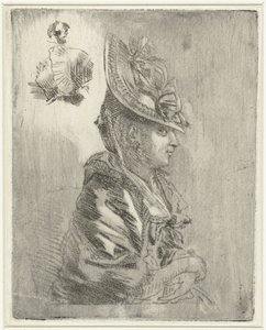 Folha de estudo com o retrato de uma jovem com chapéu e dois retratos menores de Louis Bernard Coclers