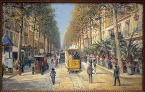 Avenue de la Gare em Nice (actual avenida Jean Medecin). Há uma coluna Morris à esquerda. Pintura de Louis Beroud (1852-1930), óleo sobre tela, arte francesa, início do século XX. Musee Massena, Nice.